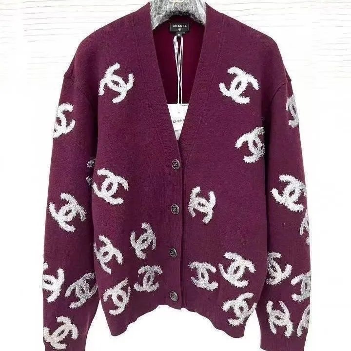 Chanel CC Monogram Knit Cardigan Purple