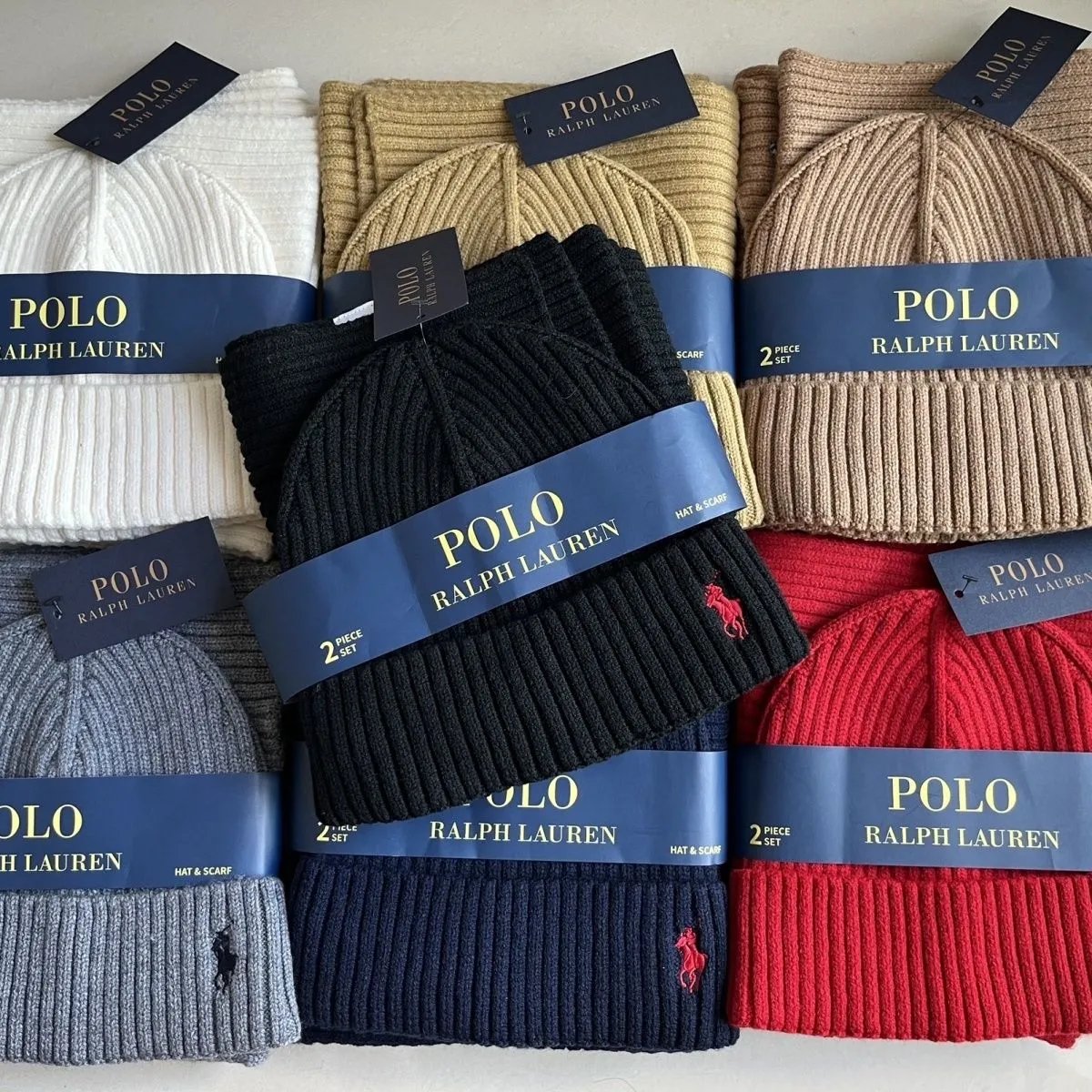 Polo Ralph Lauren PRL Ribbed Knit Hat and Scarf 2-Piece Set Winter Accessories Multicolor