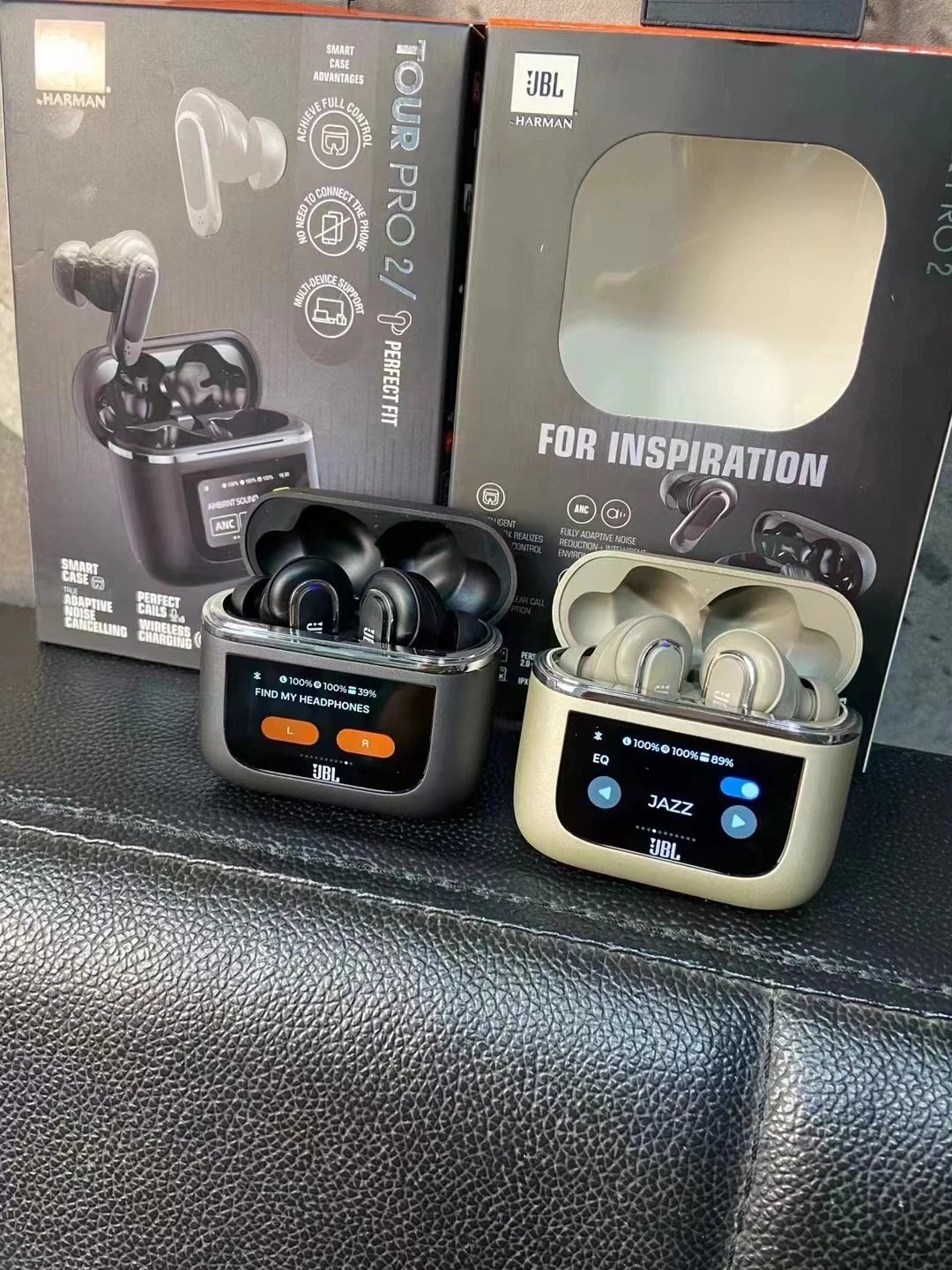 JBL Tour Pro 2 Wireless Noise Cancelling Earbuds Black and Beige