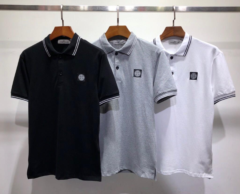 Stone Island Cotton Pique Casual Polo Shirt Black Gray and White