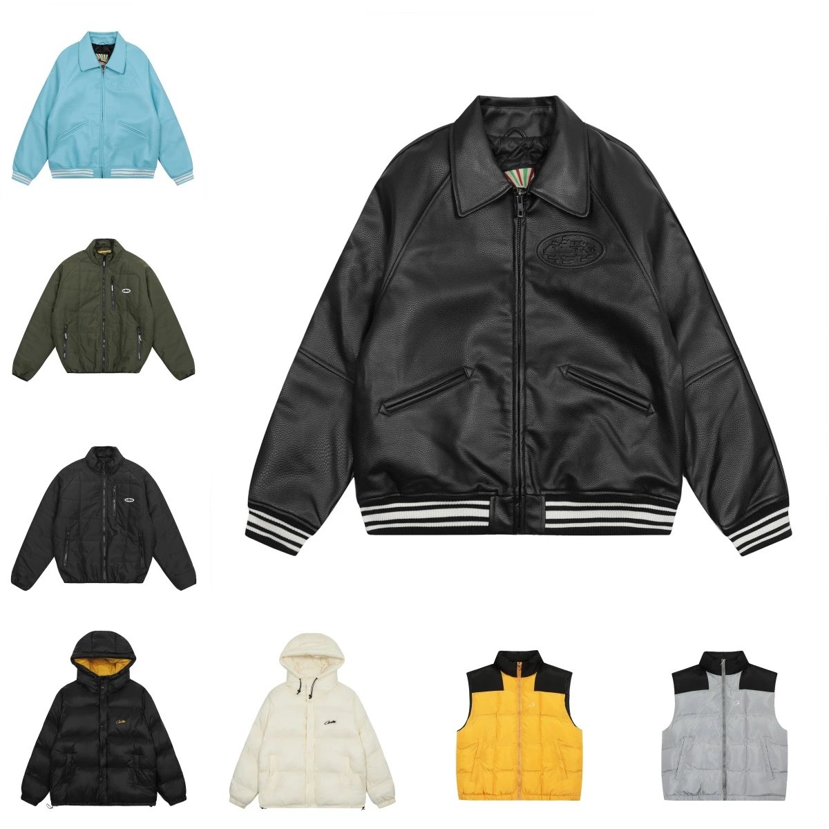 Corteiz Leather Varsity Jacket Streetwear Bomber Jacket Black