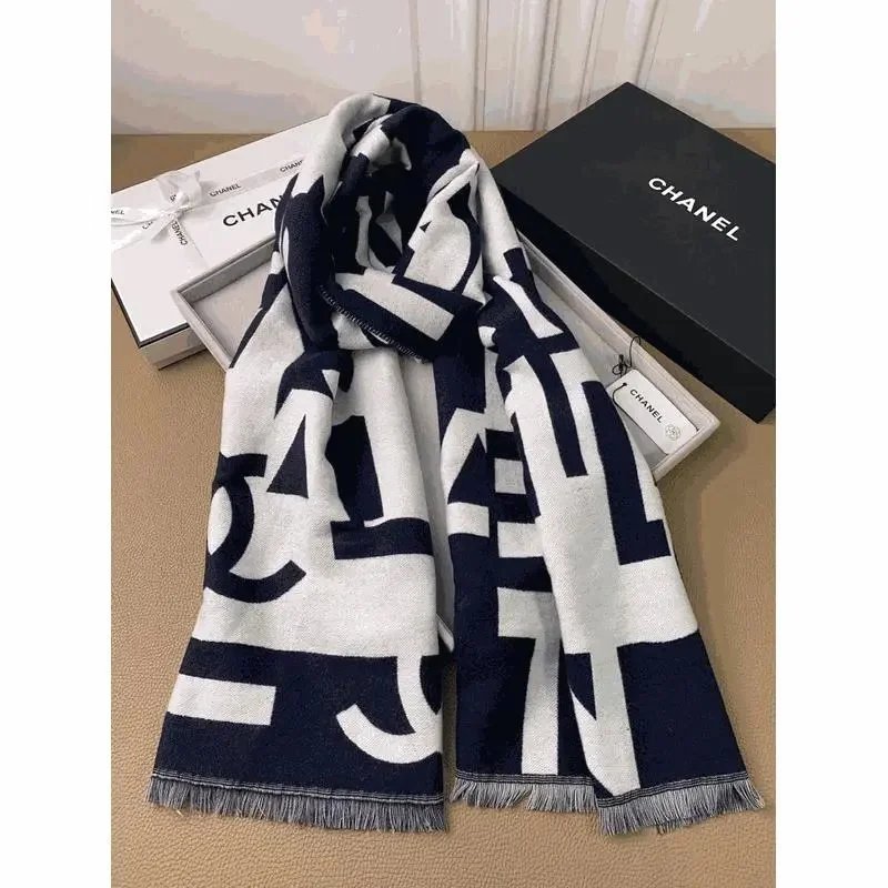 Chanel Monogram Knit Scarf Navy and White