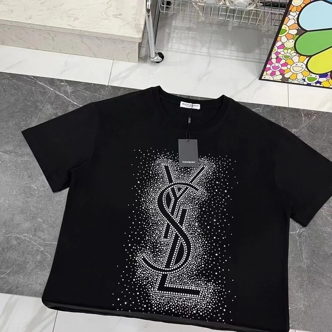 Yves Saint Laurent YSL Rhinestone Monogram Graphic Tee Black