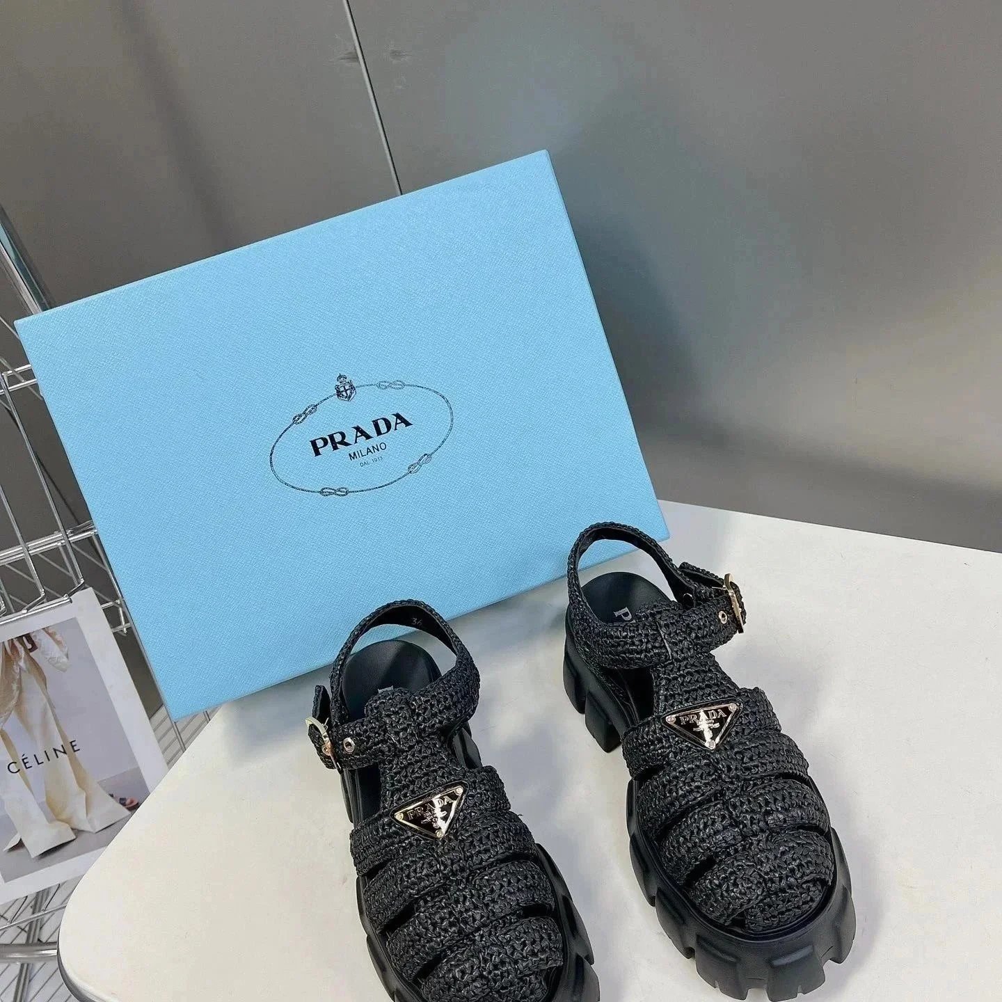 Prada Crochet Fisherman Sandals Chunky Platform Black