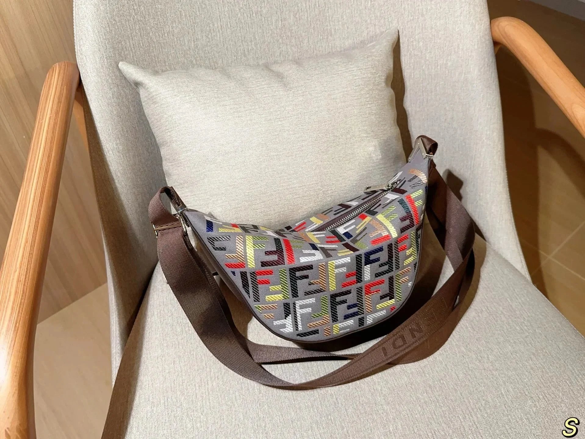 Fendi O'Lock Swing Multicolored Canvas Shoulder Bag Gray