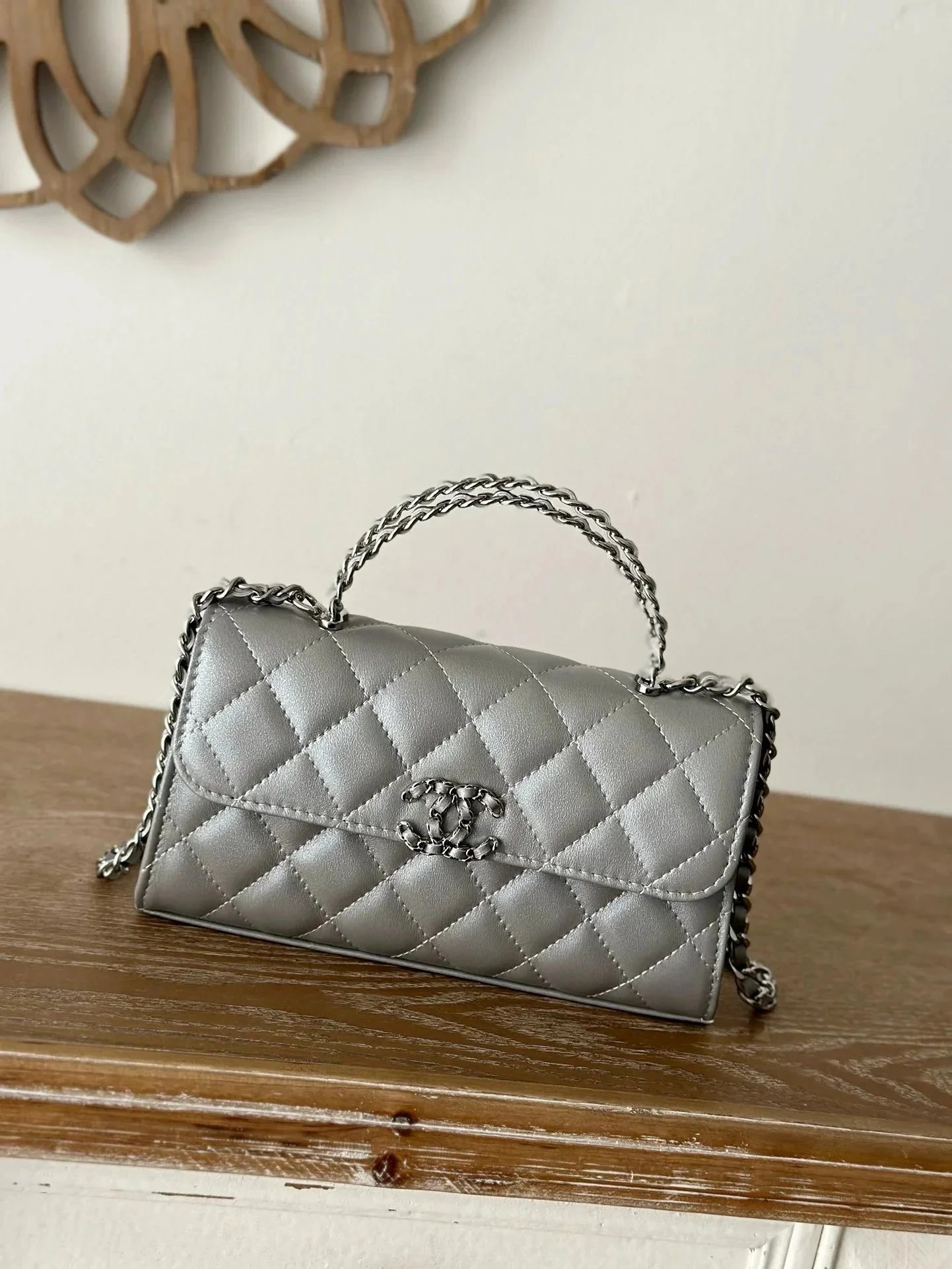 Chanel Classic Flap with Top Handle Quilted Leather Shoulder Bag Silver