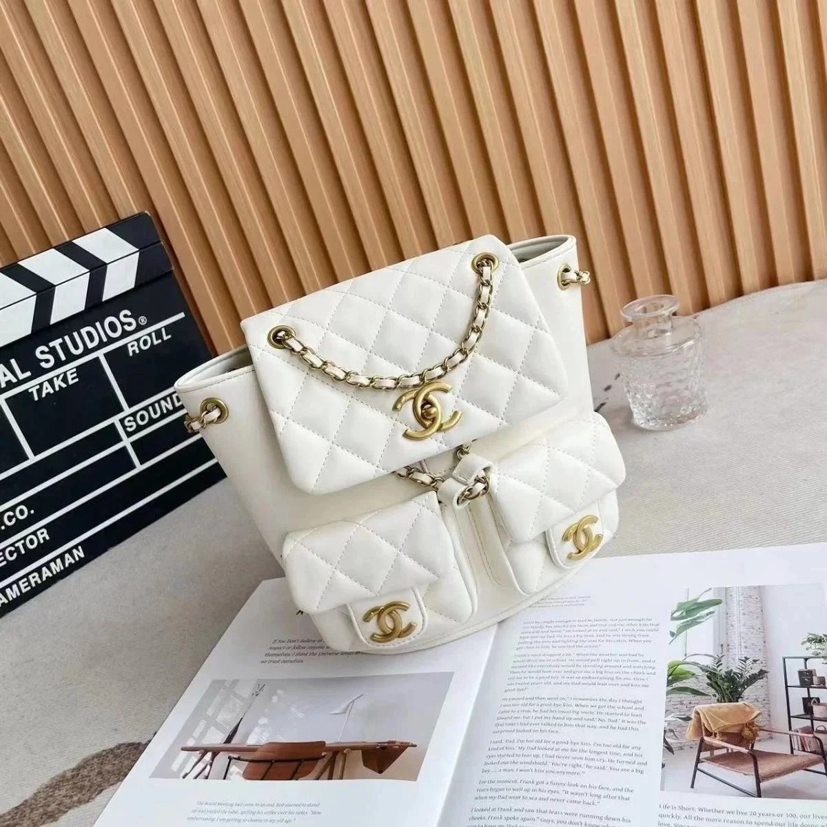 Chanel Quilted Leather Backpack Elegant Shoulder Bag White