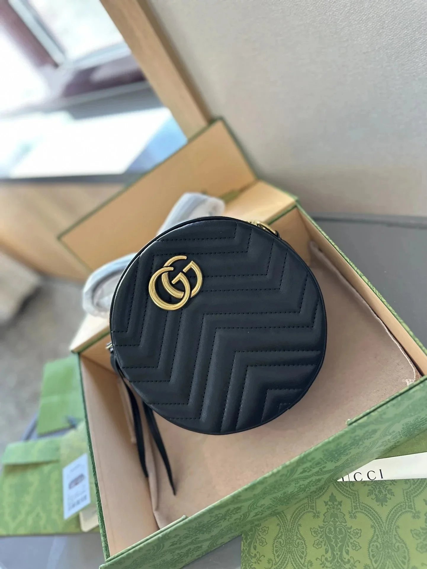 Gucci GG Marmont Round Mini Shoulder Bag Quilted Leather Black