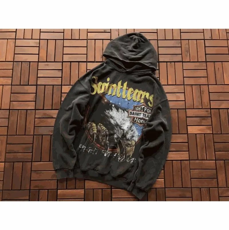Saint Michael Saint Mxxxxxx Saint Tears Eagle Graphic Vintage Hoodie Black