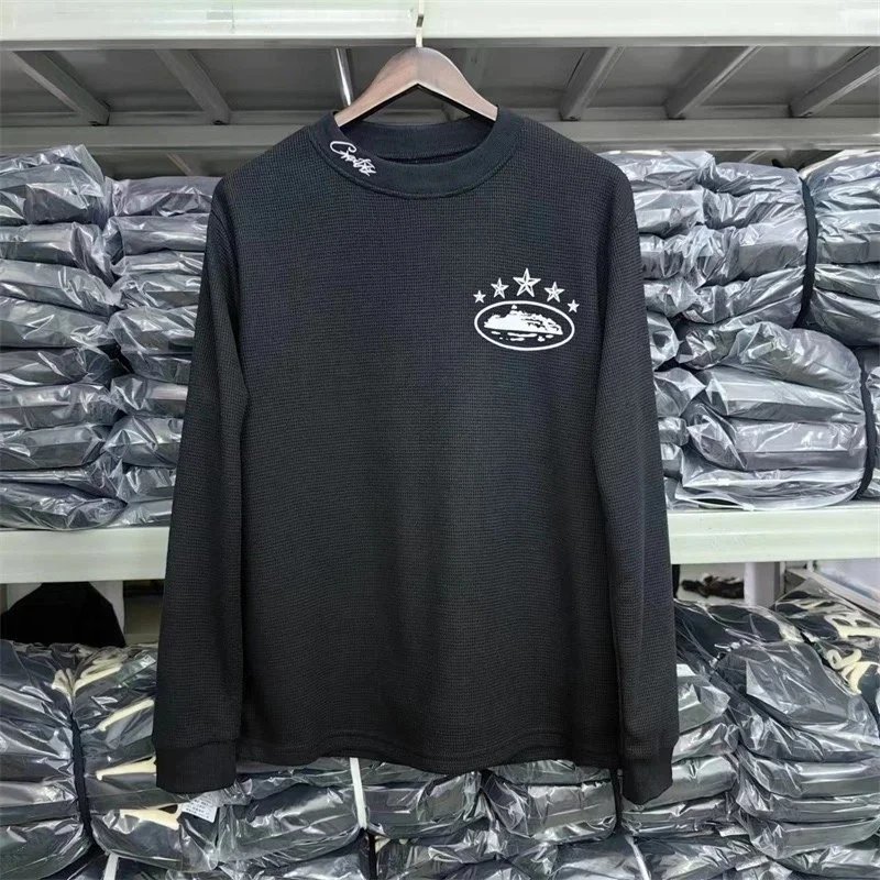 Corteiz CRTZ Waffle Knit Graphic Streetwear Sweatshirt Black