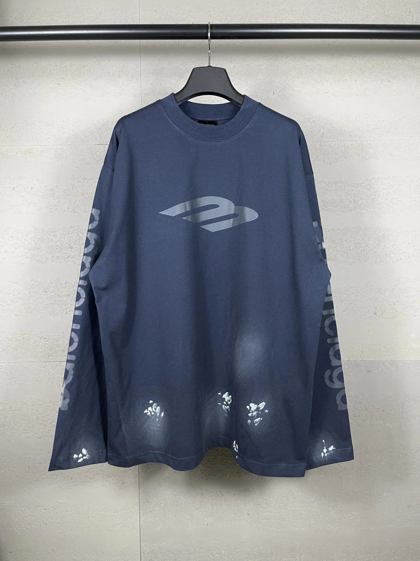 Balenciaga Paint Splatter Oversized Long Sleeve T-Shirt Navy