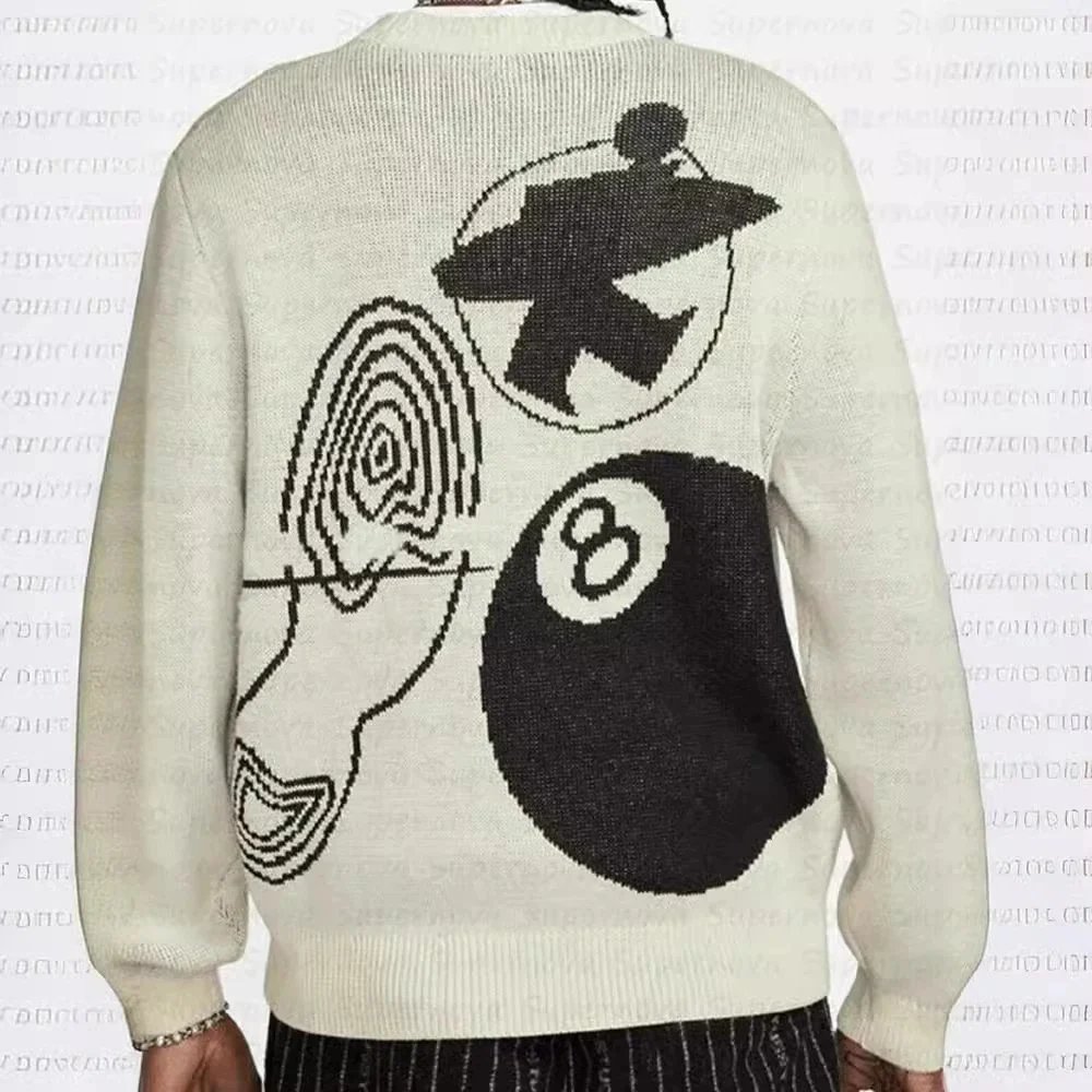 Stussy 8 Ball Knit Sweater Graphic Streetwear Pullover Beige and Black