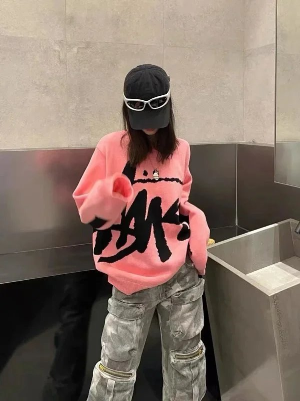 Stussy Graffiti Knit Oversized Sweater Pink and Black