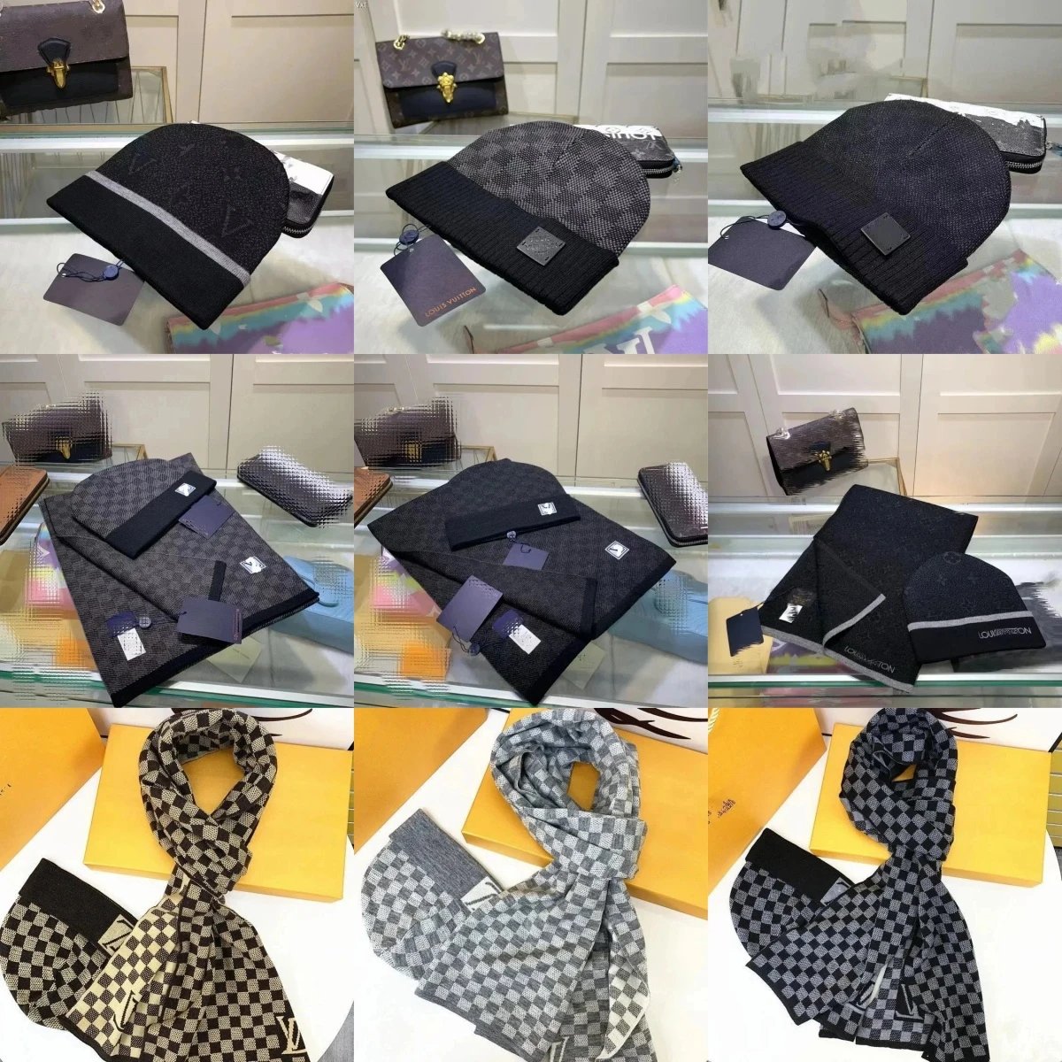 Louis Vuitton LV Damier Knit Beanie and Scarf Set Winter Accessories Black and Gray