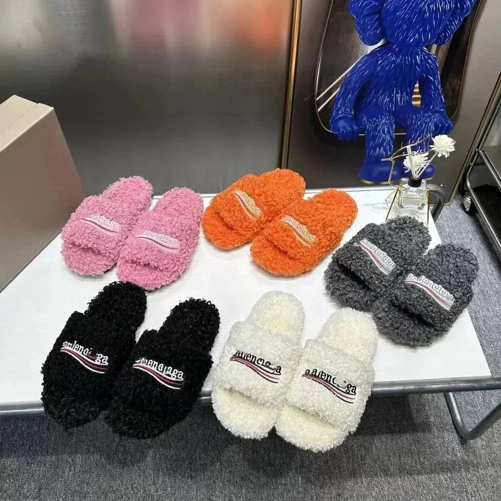 Balenciaga Furry Slides Plush Slippers Multicolor