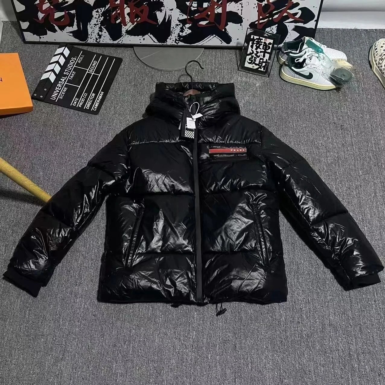 Prada Puffer Shiny Hooded Jacket Black