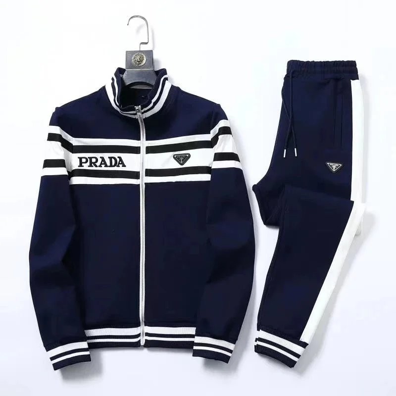 Prada Striped Casual Tracksuit Set Navy Blue