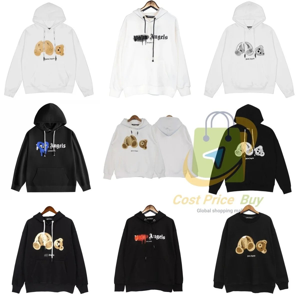 Palm Angels Bear Graphic Streetwear Hoodie Black and White