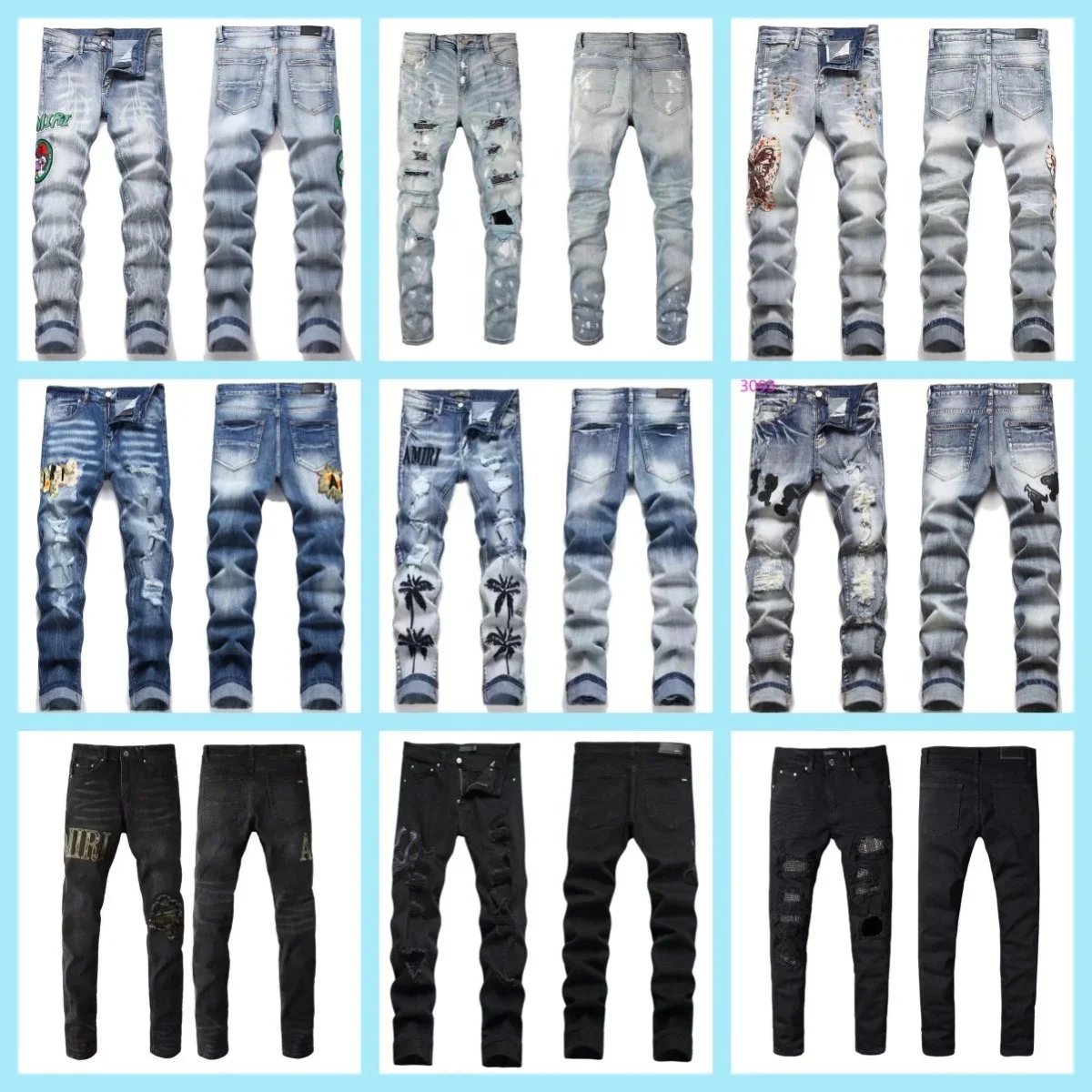 Amiri Distressed Denim Jeans Slim Fit Pants Blue and Black
