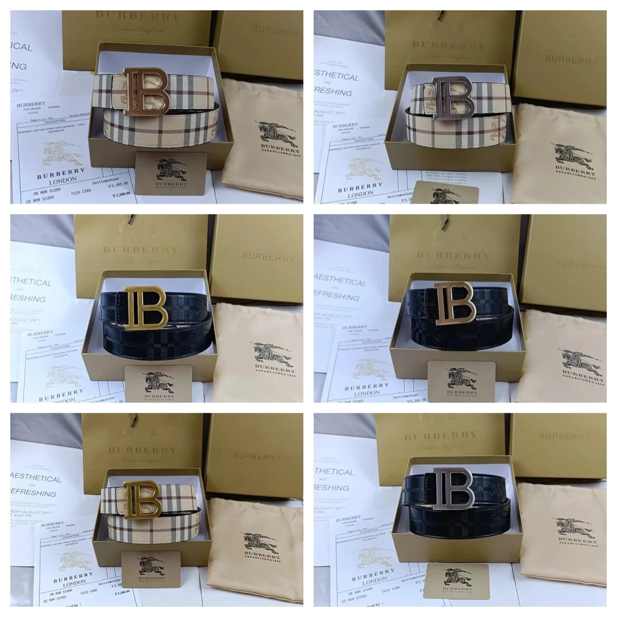 Burberry Check Reversible Classic Leather Belt Beige and Black